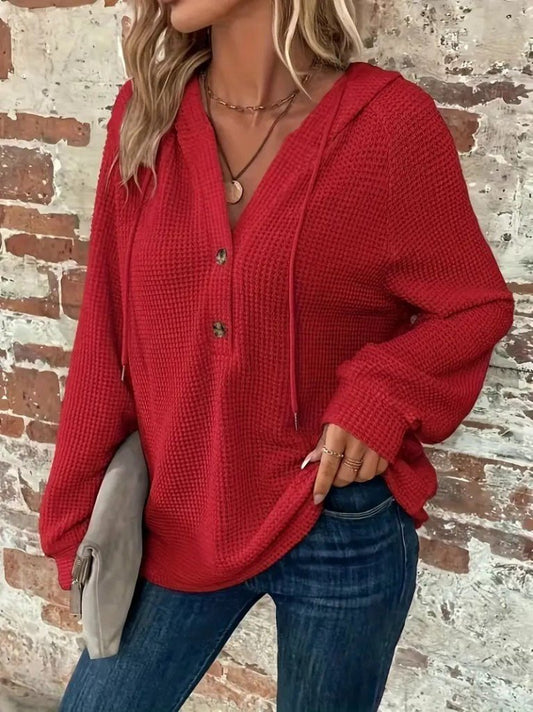 Kadın Uzun Kollu Kapşonlu önü Düğmeli Ve Bağcıklı Waffle Bluz