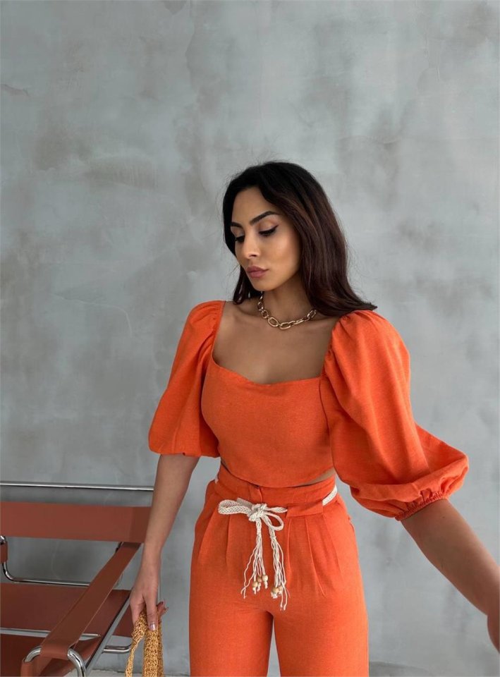 KETEN CROP KARPUZ KOL BLUZ-PANTOLON HASIR KEMERLİ - Orange