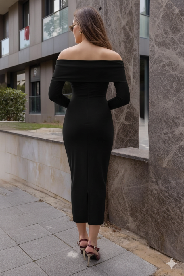 Kadın Uzun Kollu Madonna Yaka Düğüm Büzgü Detay Maxi Boy Elblbise