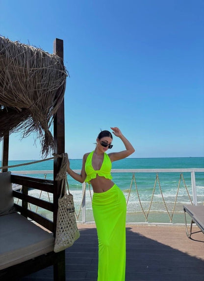 Kadın Mayo Kumaş Bağlamalı Crop Ve Maxi Boy Etek Ikili Takım