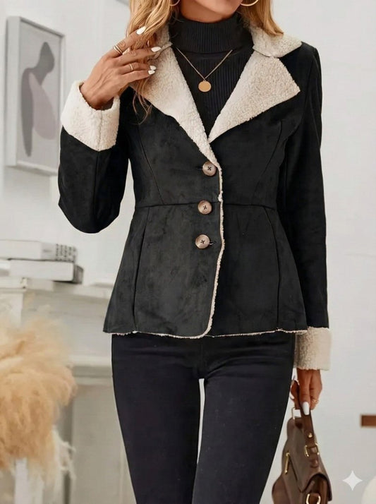 Kadın Uzun Kollu önden Düğmeli Cep Detaylı Kısa Süet Ceket