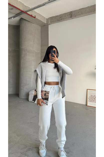 3 iplik şardonlu paça lastikli eşofman beyaz is001