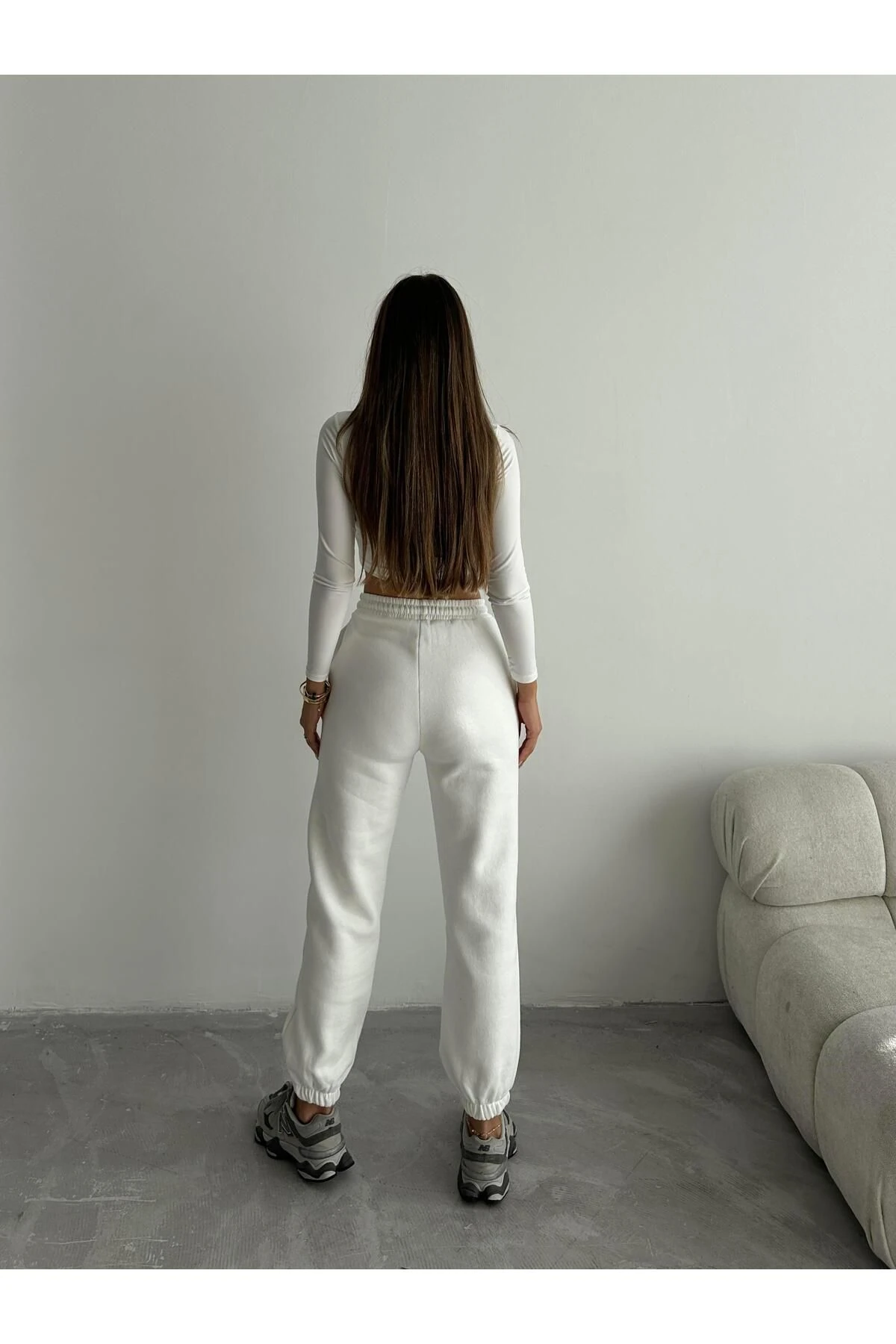 3 iplik şardonlu paça lastikli eşofman beyaz is001