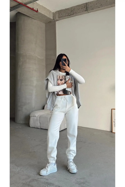 3 iplik şardonlu paça lastikli eşofman beyaz is001