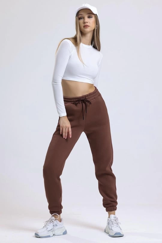 3 iplik şardonlu paça lastikli eşofman kahve is001