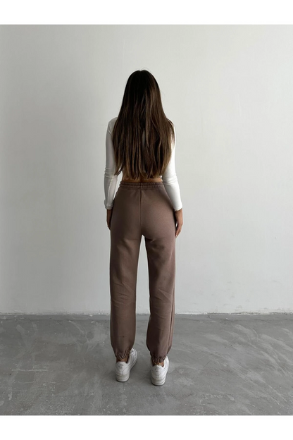 3 iplik şardonlu paça lastikli eşofman vizon is001