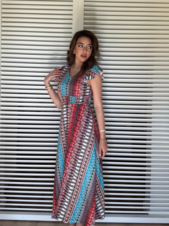 Kadın Kısa Kollu V Yakalı Desenli Yandan Yırtmaçlı Süprem Elbise