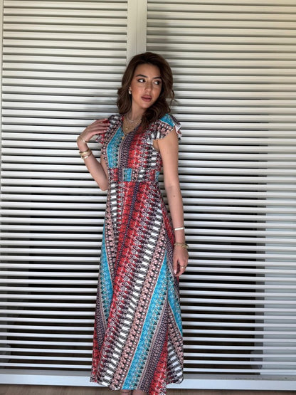 Kadın Kısa Kollu V Yakalı Desenli Yandan Yırtmaçlı Süprem Elbise