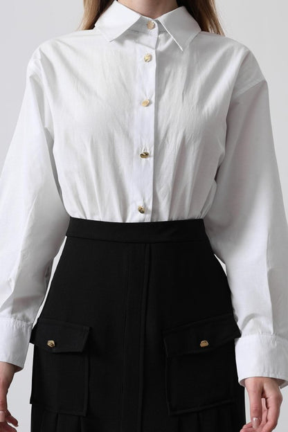 Pileli Kontrast Gömlek Elbise - Beyaz