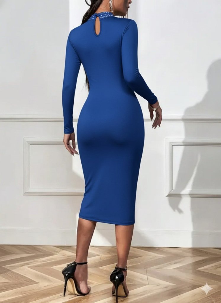 Kadın Uzun Kollu Balıkçı Yaka Taşlı Damla Detay Midi Ithal Krep Elbise