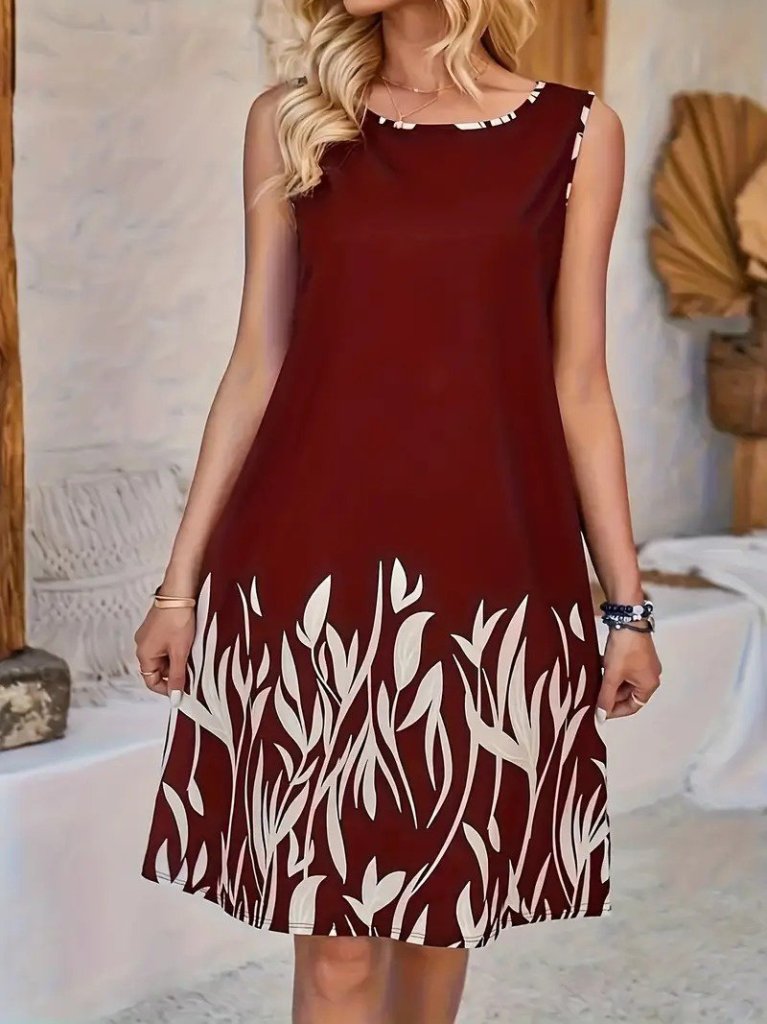 Kadın Askılı Yuvarlak Yakalı Yaprak Desenli Dalgıç Elbise