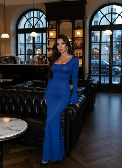 Kadın Uzun Kollu Kare Yaka Volanlı Manşet Detay Maxi Boy Elbise