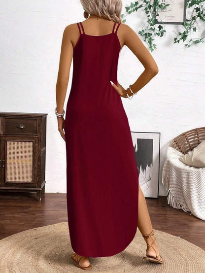 Kadın Askılı Yuvarlak Yaka Asimetrik Detaylı Viskon Elbise