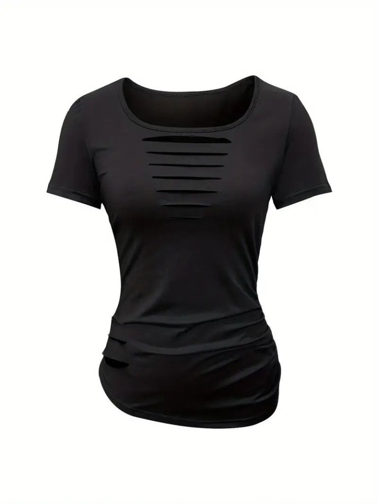 Kadın Kısa Kollu Yakası Açık Lazer Kesik Detaylı Viskon Bluz