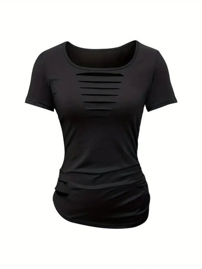 Kadın Kısa Kollu Yakası Açık Lazer Kesik Detaylı Viskon Bluz