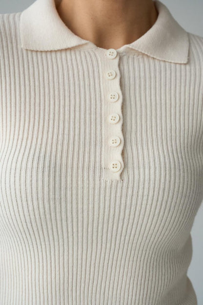 Polo Yaka 6 Düğmeli Kazak - Krem