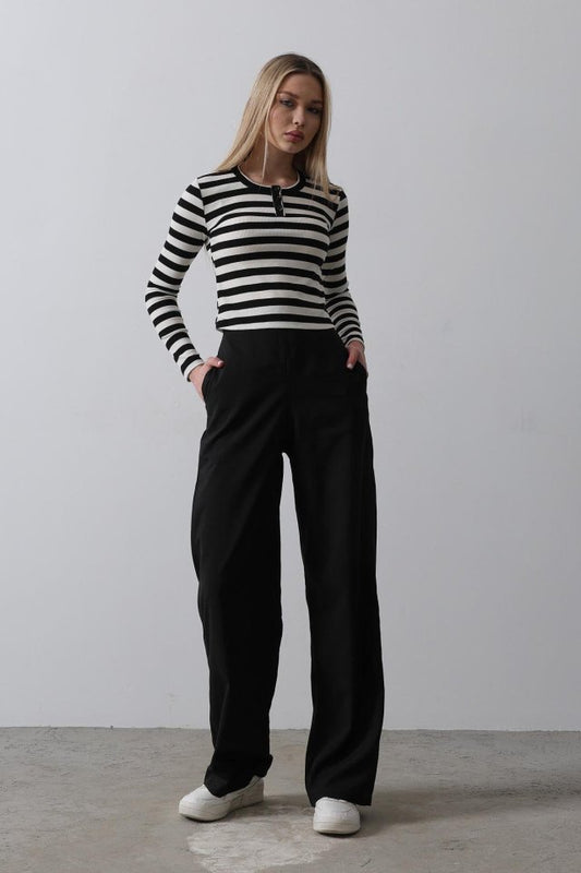 Beli Yarım Lastikli Palazzo Pantolon - Siyah