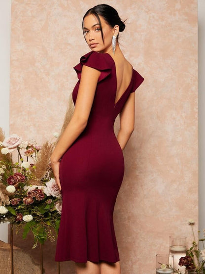 Kadın Kısa Kelebek Kollu Kruvaze Yaka Ithal Krep Midi Elbise