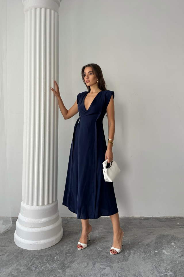 KRUVAZE VATKALI KOLSUZ ELBİSE MODAL KUMAŞ - Lacivert