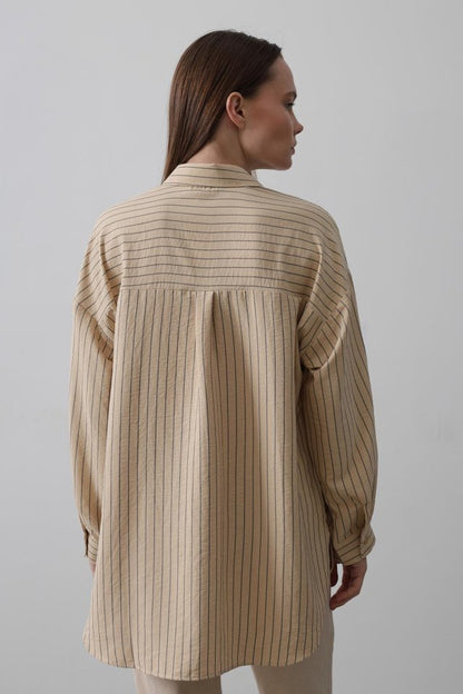 Çizgili Tek Cep Gömlek - Taş