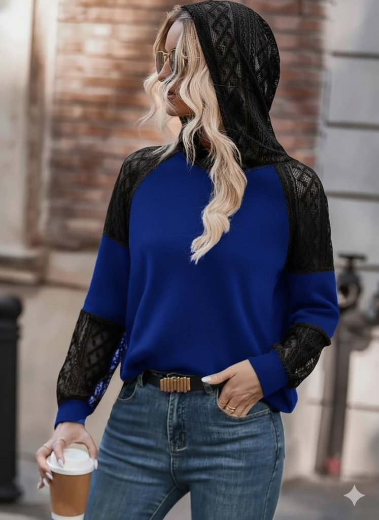Kadın Uzun Kollu Dantelli Kapşonlu Viskon Iki Iplik Bluz