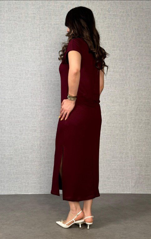 Kadın Kısa Kollu Yakalı Yandan Yırtmaçlı Viskon Iki Iplik Elbise