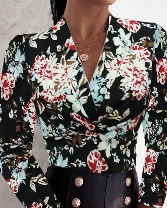 Kadın Uzun Kollu Kruvaze Yakalı Kelebek Desenli şardonlu Dalgıç Bluz