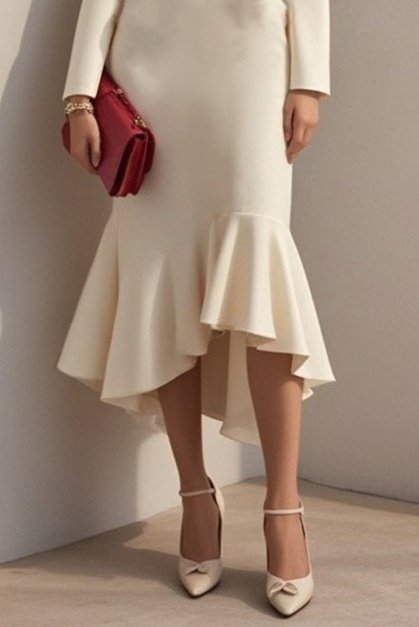 Kadın Uzun Kollu Yakalı Belden Oturtmalı Midi Ithal Krep Elbise