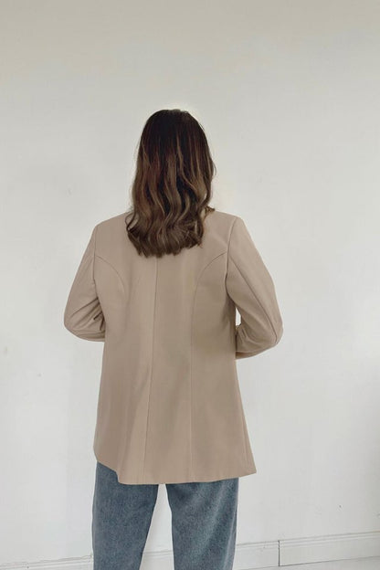 Bej Düğmeli Deri Ceket