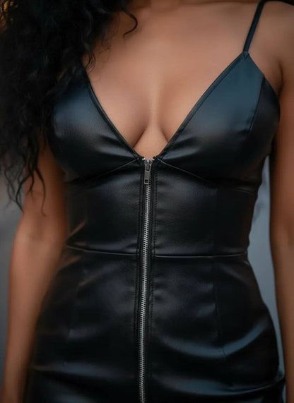 Kadın Omuz Askılı Ayarlanabilir Fermuar Detay Mini Deri Elbise