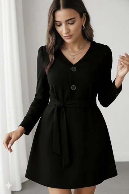 Kadın Uzun Kollu Düğme Detaylı Kendinden Kemerli Ithal Krep Elbise