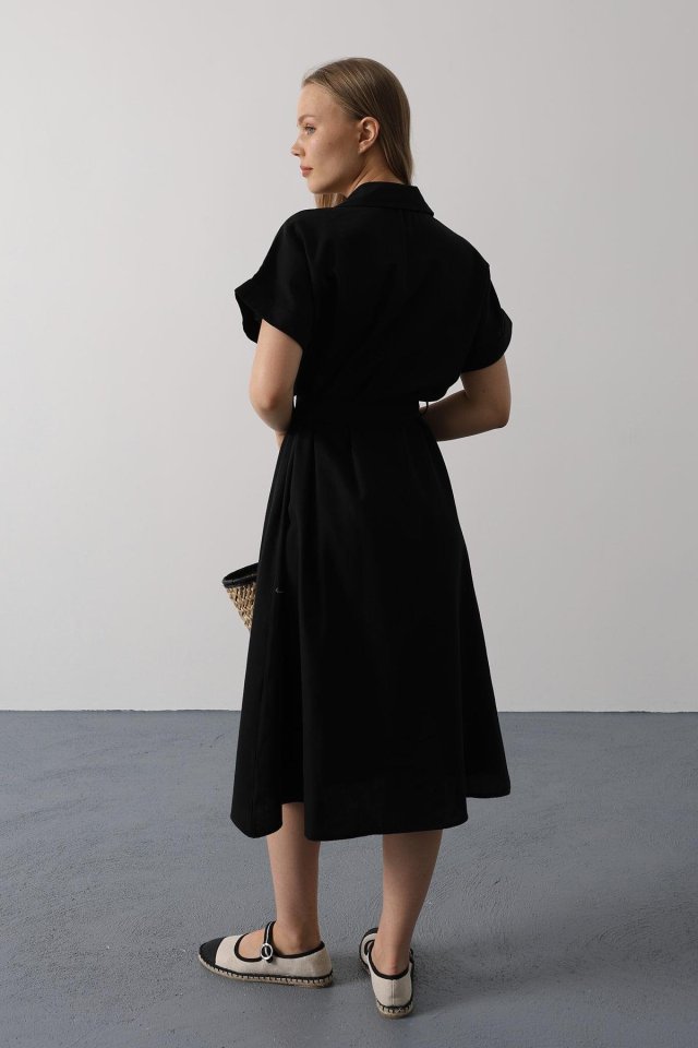 Kuşaklı Cep Detaylı Yarım Kol Elbise - Siyah