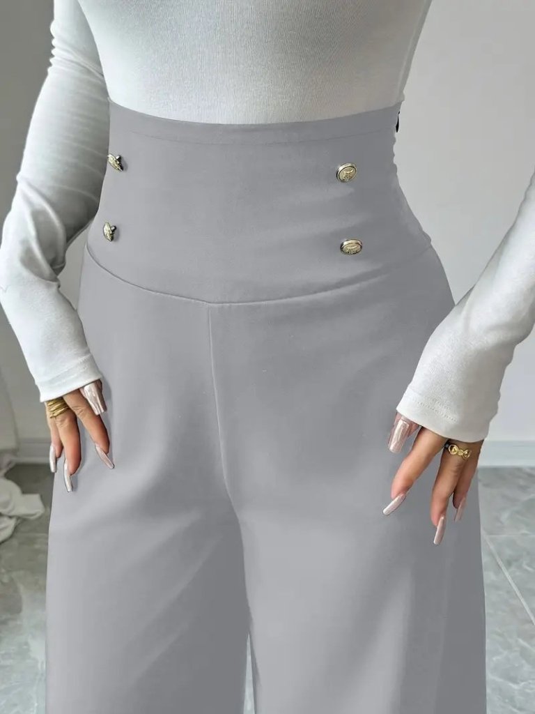 Kadın Yüksek Bel Düğmeli Geniş Paçalı Ithal Krep Pantolon