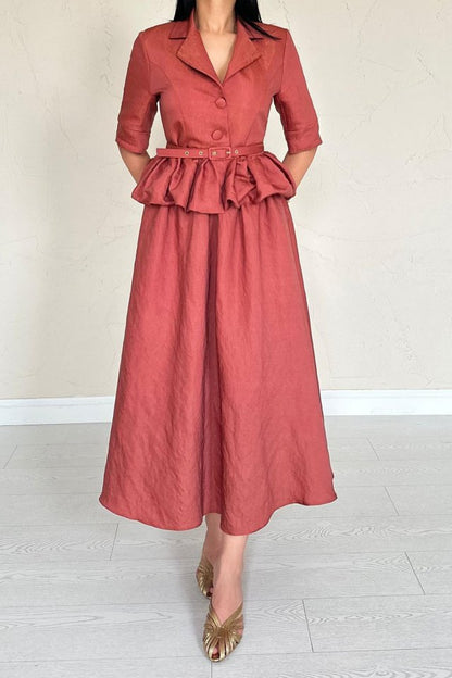 Moccah İnce Kemerli Fırfırlı Ceket Ve Büzgülü Etek Takım