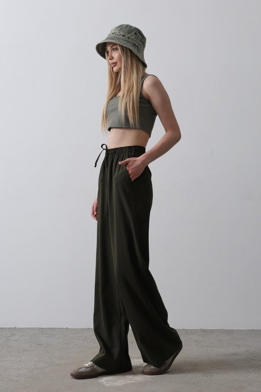 Beli Lastikli Bol Paça Pantolon - Koyu Haki