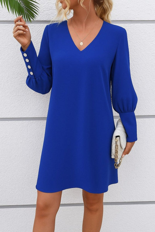 Kadın Uzun Kollu V Yakalı Kısa Ithal Krep Elbise