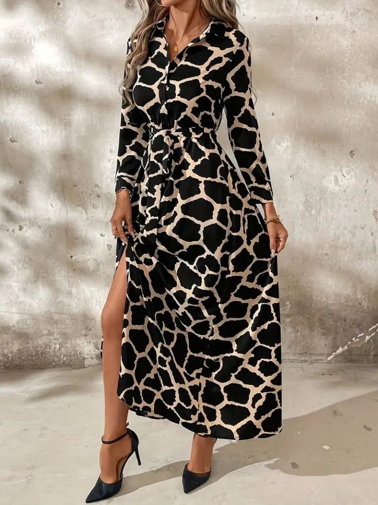 Kadın Uzun Kollu Yakalı önü Düğmeli Desenli Belden Kuşaklı Uzun Süprem Elbise