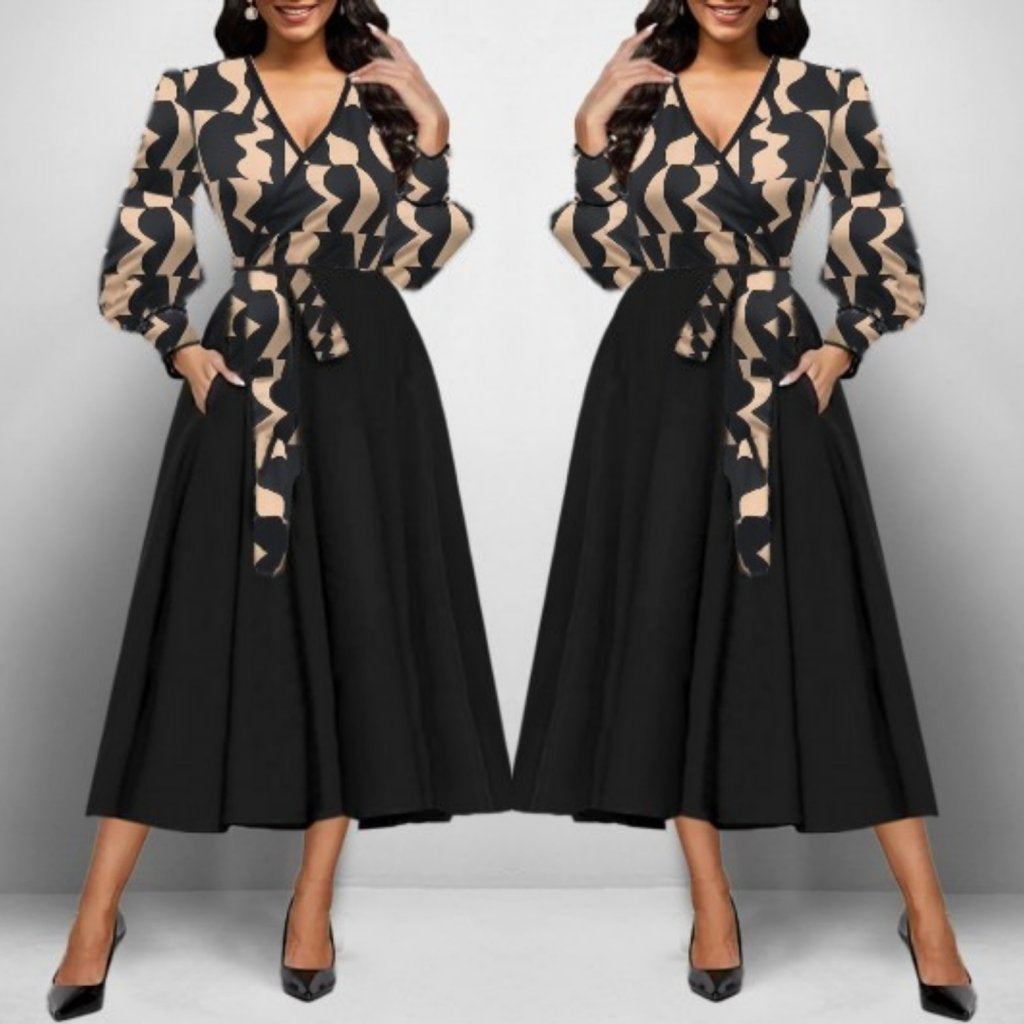 Kadın Uzun Kollu Kruvaze Yaka Dalgıç Krep Midi Boy Elbise