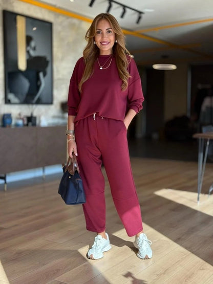 Kadın Uzun Kollu Bisiklet Yaka Viskon Iki Iplik Bluz Ve Pantolon Ikili Takım