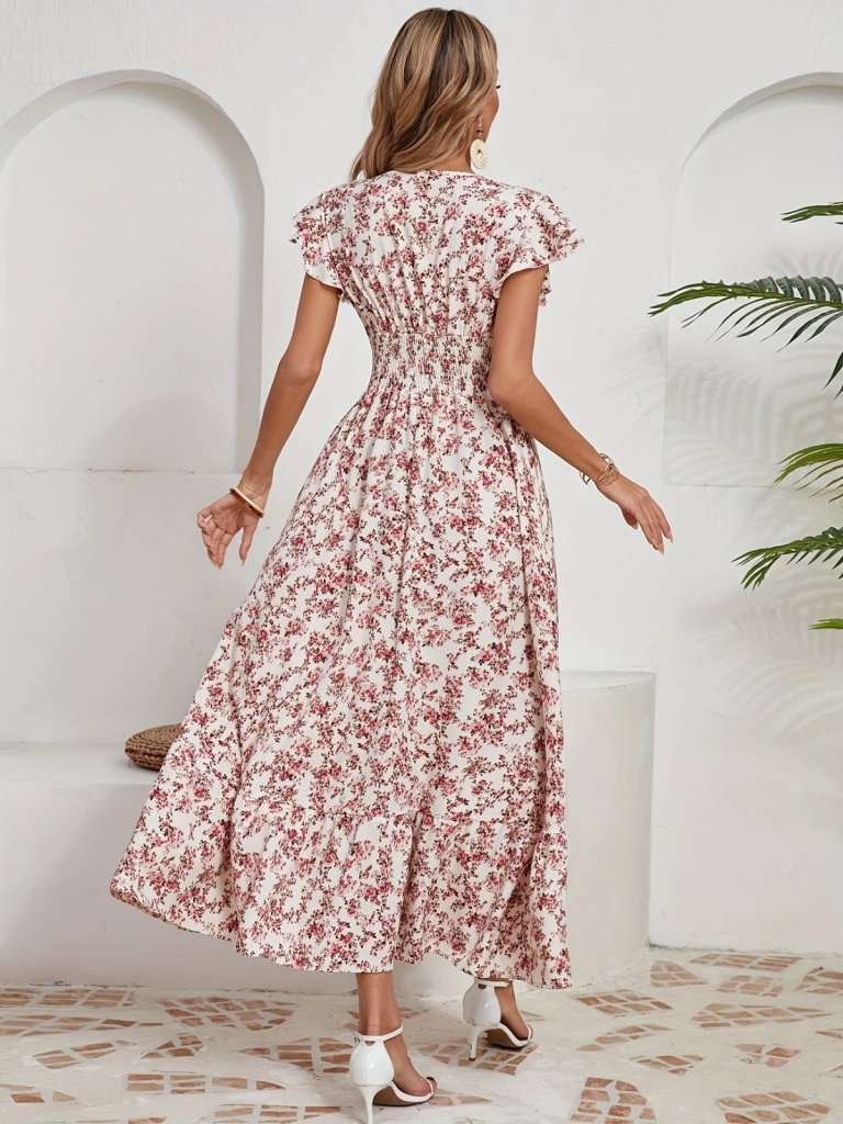 Kadın Kısa Kollu Kruvaze Yaka Beli Lastikli çiçek Desenli Elbise