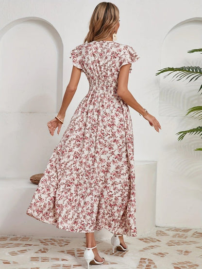 Kadın Kısa Kollu Kruvaze Yaka Beli Lastikli çiçek Desenli Elbise