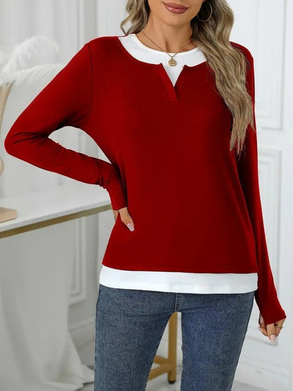 Kadın Uzun Kollu V Yakalı çift Renkli Viskon Iki Iplik Bluz