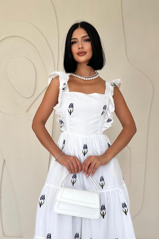 Lacivert Sıfır Kol Fırfırlı Elbise