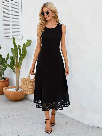 Kadın Kolsuz Etek Ucu Lazer Kesim çiçek Desenli Midi Boy Janjan Krep Elbise