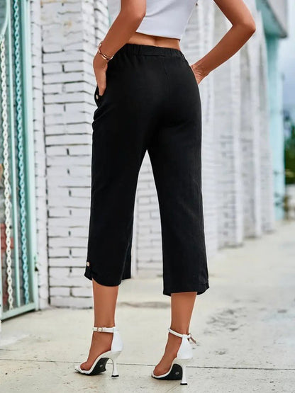 Kadın Beli Lastikli Düğme Ve Cep Detaylı Kapri Ithal Keten Pantolon