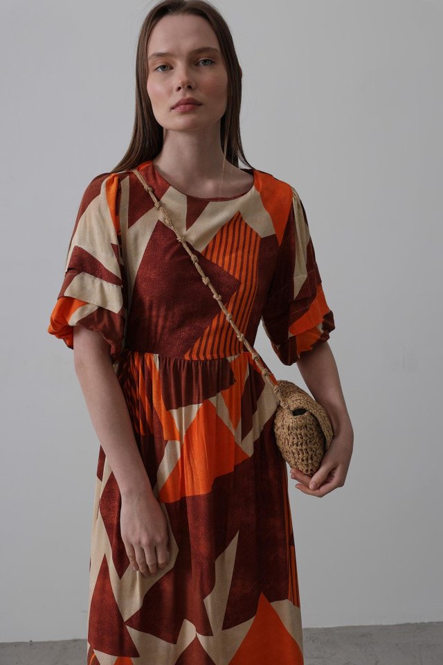 Desenli Balon Kol Kloş Elbise - Kahve