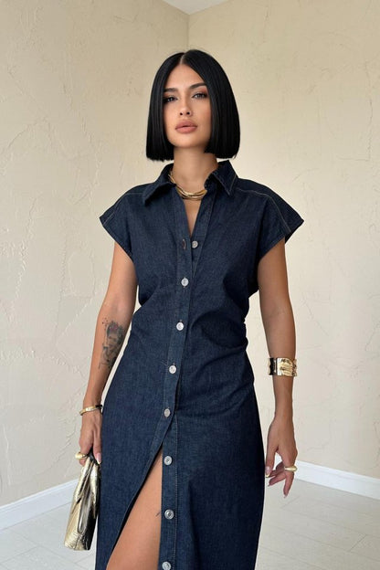 Mavi Kolsuz Vatkalı Elbise