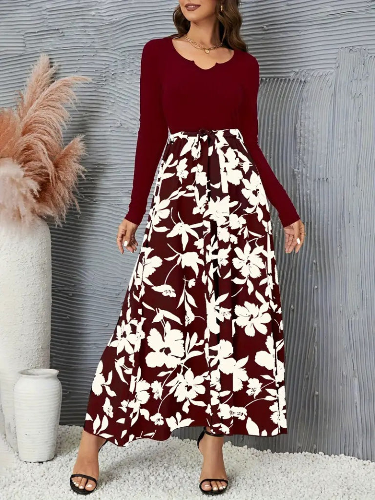 Kadın Uzun Kollu Yaka Açık üst Kaşkorse Beli Kuşaklı Alt çiçek Baskılı Dalgıç Elbise