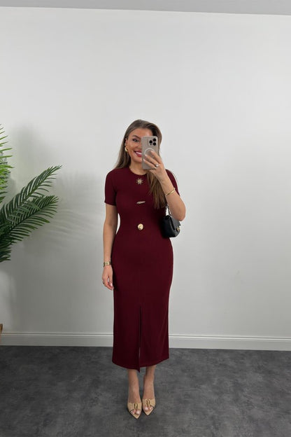 Kadın Ottoman Kumaş Likralı Düğme Tasarımlı Kısa Kol Kalem Elbise