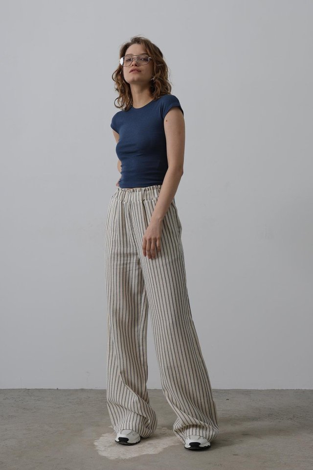Çizgili Pamuklu Lastikli Pantolon - Bej-Lacivert